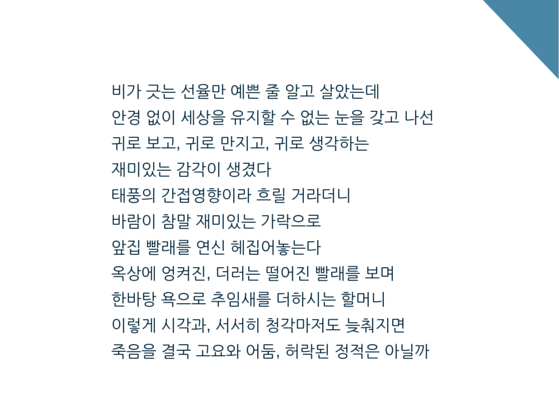 비가 긋는 선율만 예쁜 줄 알고 살았는데안경 없이 세상을 유지할 수 없는 눈을 갖고 나선귀로 보고, 귀로 만지고, 귀로 생각하는 재미있는 감각이 생겼다 태풍의 간접영향이라 흐릴 거라더니바람이 참말 재미있는 가락으로앞집 빨래를 연신 헤집어놓는다옥상에 엉켜진, 더러는 떨어진 빨래를 보며한바탕 욕으로 추임새를 더하시는 할머니이렇.png