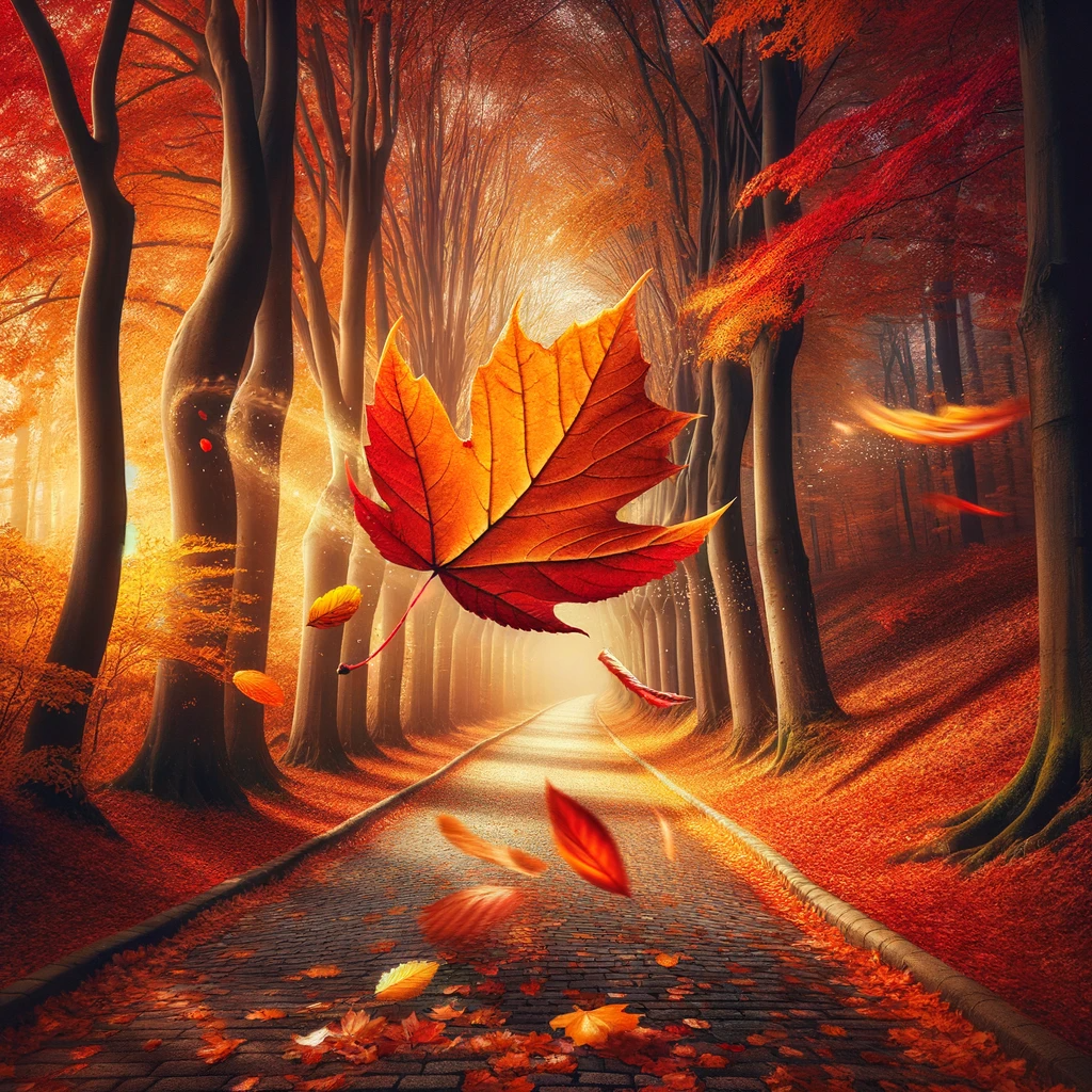 DALL·E 2023-12-20 11.40.14 - An autumn path scene with a single falling leaf dancing in the wind, symbolizing destiny. The image captures a picturesque autumn landscape, with a pa.png