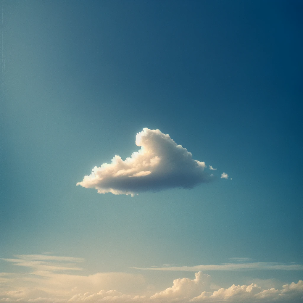 DALL·E 2023-12-20 11.41.56 - A peaceful sky scene with a single cloud, representing a forgotten story like a letter from the heavens. The image shows a vast, clear blue sky with o.png