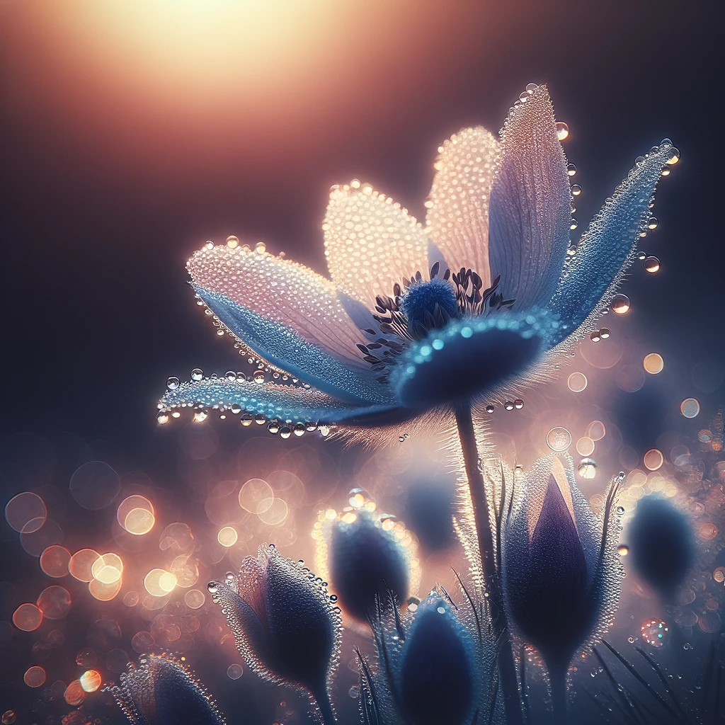 DALL·E 2023-12-20 11.41.01 - An image of a flower in the early dawn, glistening with dewdrops, capturing the beauty of a moment. The scene shows a delicate flower, bathed in the s.png