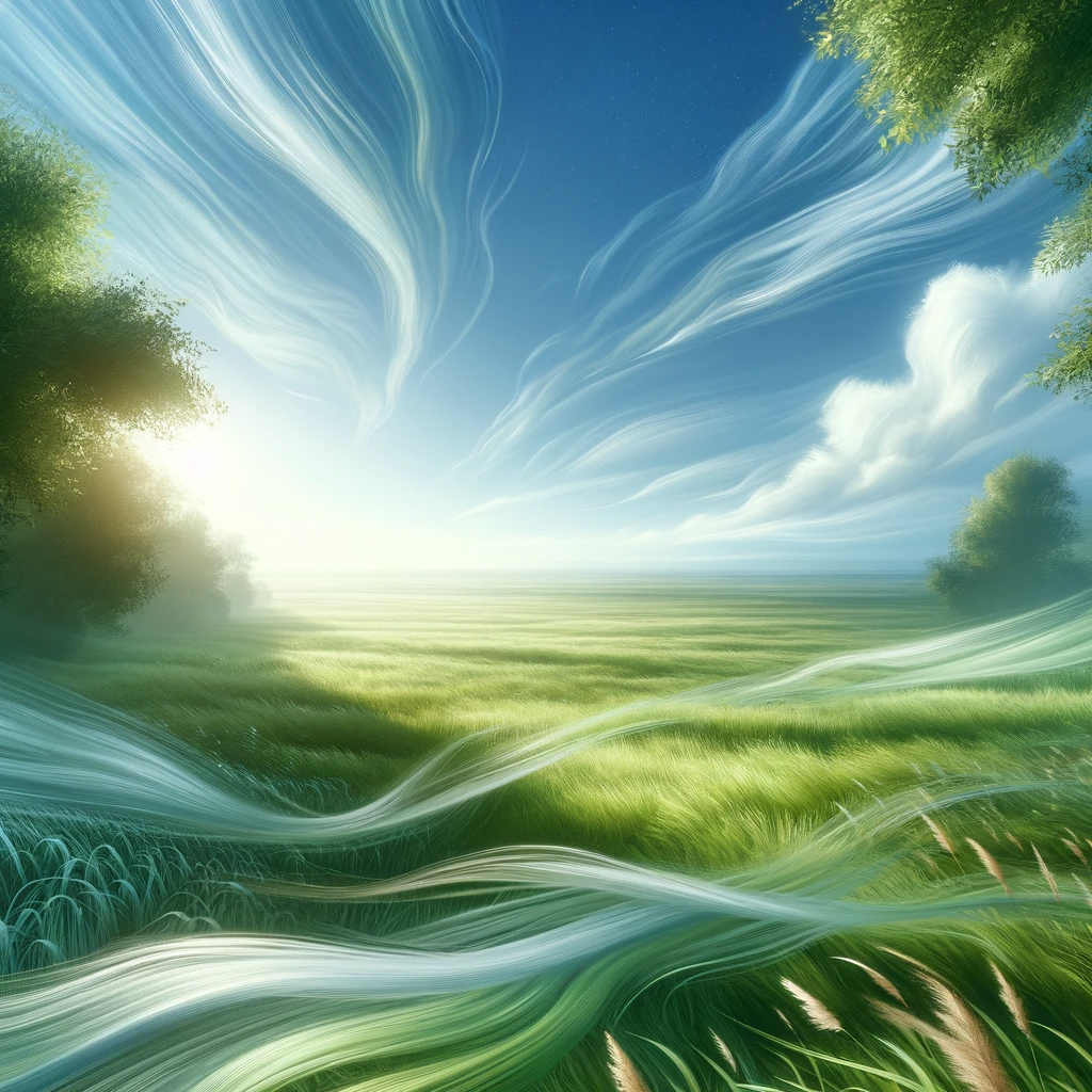 DALL·E 2023-12-20 01.45.37 - A serene and airy scene depicting a gentle breeze carrying a brief breath of air across a vast landscape. The image shows a lush, green meadow under a.png