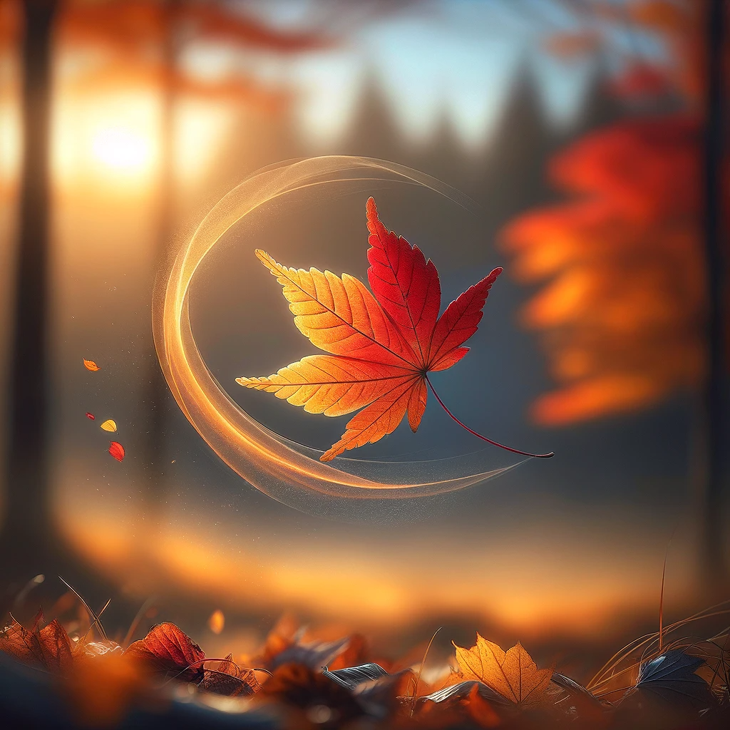 DALL·E 2023-12-20 01.37.28 - A poetic scene capturing the essence of autumn. A single autumn leaf, in vibrant shades of orange, red, and yellow, is captured in mid-air, gently des.png