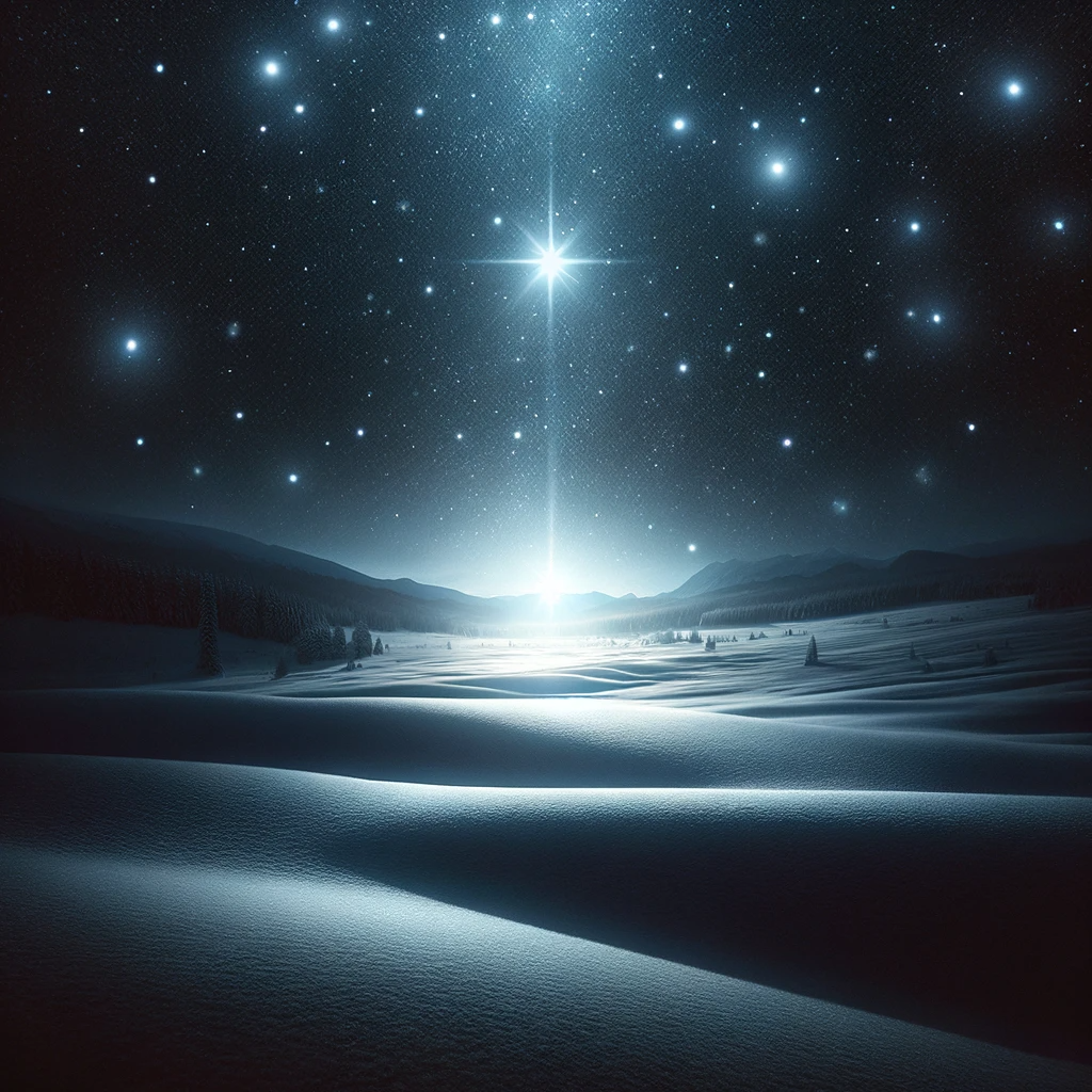 DALL·E 2023-12-20 11.44.16 - A winter night scene depicting starlight shining quietly in the darkness, symbolizing hope. The image shows a clear, starry sky on a cold winter night.png