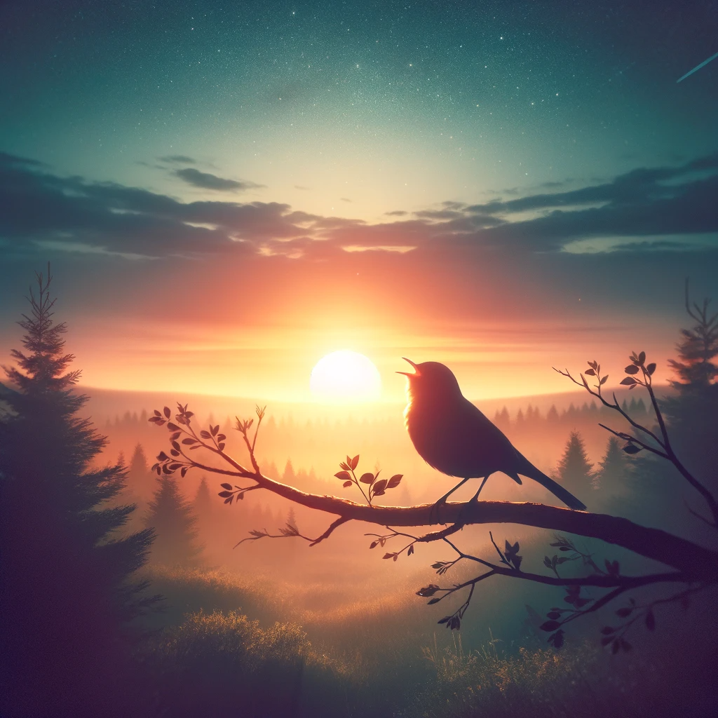 DALL·E 2023-12-20 01.50.09 - An early dawn scene capturing the first song of a bird, symbolizing the promise of a new beginning. The image shows the first light of sunrise illumin.png