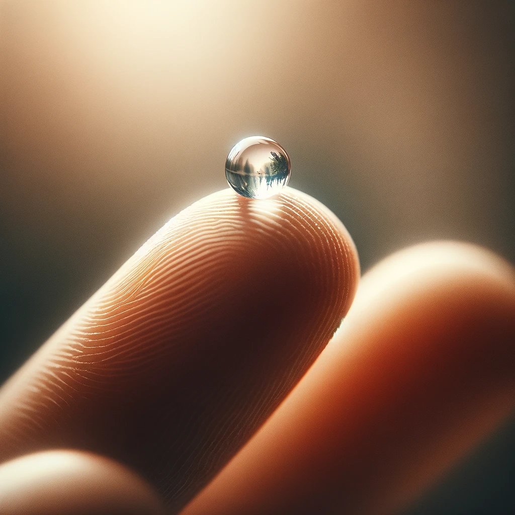 DALL·E 2023-12-20 01.44.17 - A delicate and intimate scene capturing a single dewdrop resting on the fingertip of a person. The dewdrop is clear and perfectly round, reflecting th.png