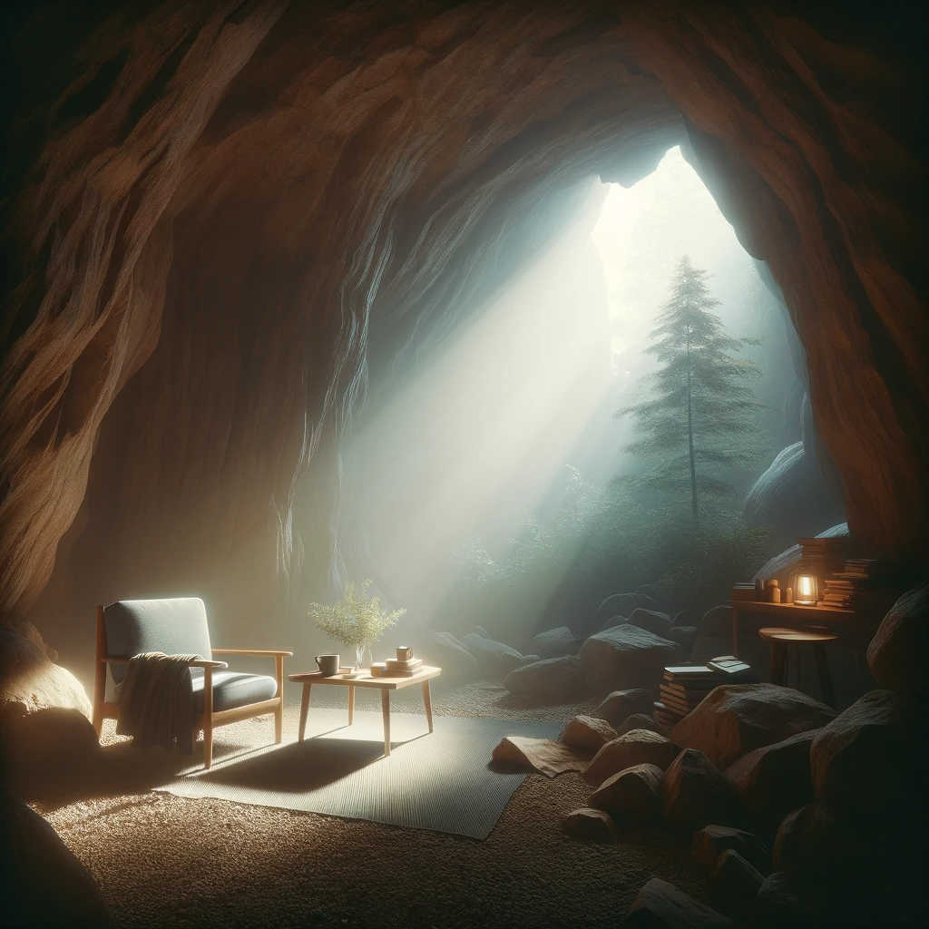 DALL·E 2024-01-30 17.11.46 - A tranquil and introspective scene titled 'Cave of Thought'. The setting is a cozy, secluded cave, bathed in a soft, natural light filtering in from a.png