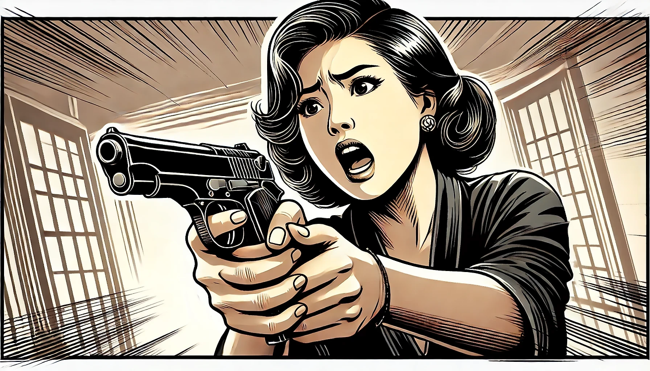 DALL·E 2024-08-04 22.24.52 - A wide, cartoon-style illustration showing an East Asian woman holding a gun with both hands, inspired by the character 'Madame Jung' from the movie '.png