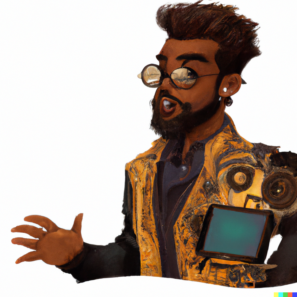 DALL·E 2023-10-11 11.14.24 - A person who is explaining something in front of many people while looking at the screen, Steampunk style.png