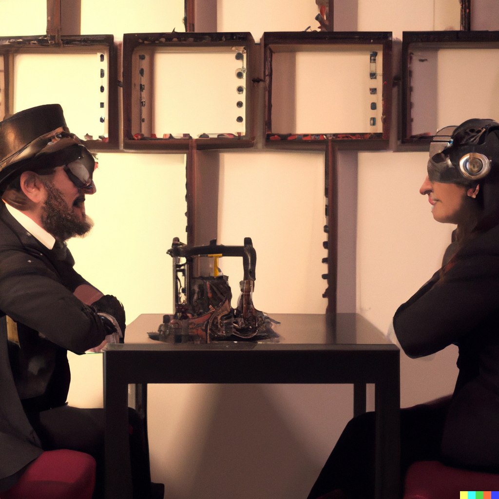 DALL·E 2023-10-11 11.32.50 - The image of two people sitting face to face in the conference room and talking to each other, Steampunk style.png