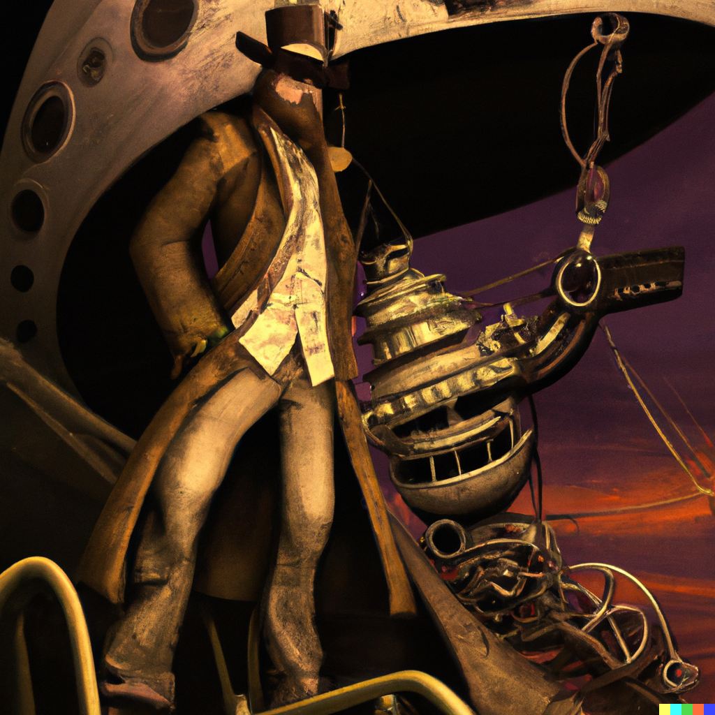 DALL·E 2023-10-10 11.42.03 - Steampunk digital art of an explorer with their airship, using rich textures and detailed elements.png