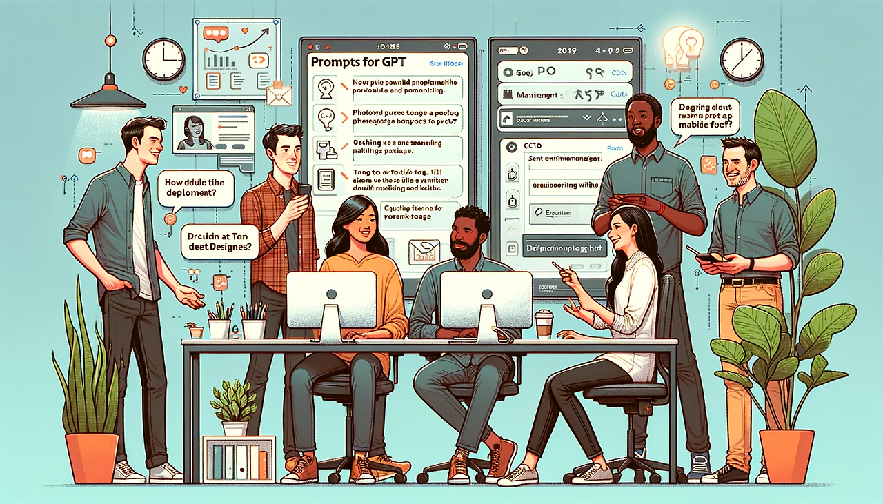 DALL·E 2023-12-06 22.06.20 - An illustration depicting a diverse team of engineers discussing prompts for GPT in a social media app development setting. The scene includes_ 1) A j.png