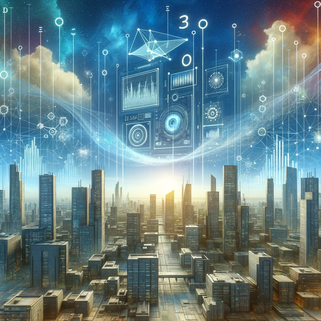 DALL·E 2024-01-18 15.22.57 - A futuristic cityscape representing the era beyond the IT age, focusing on time series data. The image features a modern city with skyscrapers and adv.png
