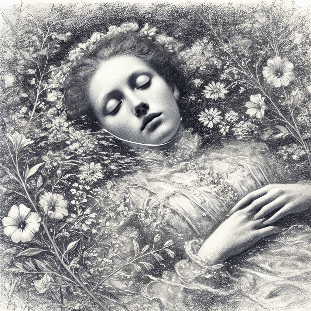 DALL·E 2024-10-31 16.29.07 - A detailed pencil sketch of John Everett Millaiss painting Ophelia, capturing the serene yet sorrowful expression of Ophelia floating in water, surro.png