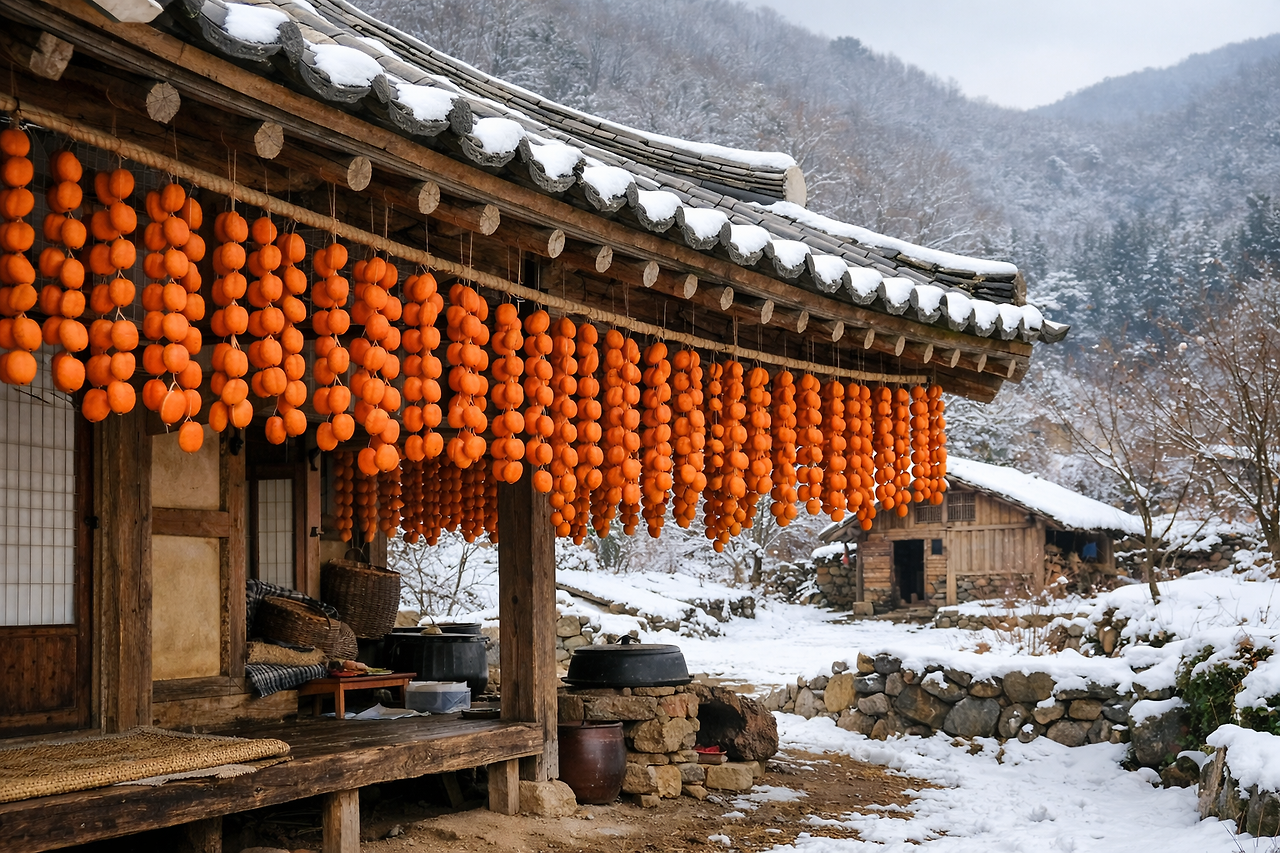 설경 속 단풍과 한옥.png