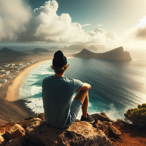 바위에 앉아서 먼 바다를 보고 있는 사람의 뒷모습.png