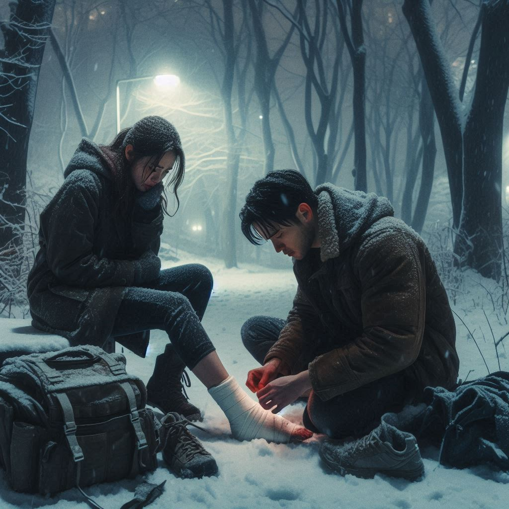 눈이 오는 밤, 발을 다친 20대 여자와 그 발을 살펴보는 20대 남자, 서울 한적한 공원.png
