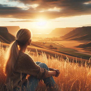 시골 언덕에 앉아 하늘을 보는 여자.png