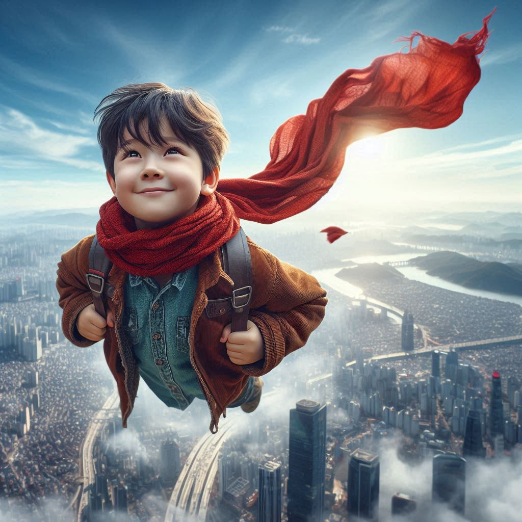 A 6-year-old boy in Seoul flying in the sky with a red scarf around his neck.png
