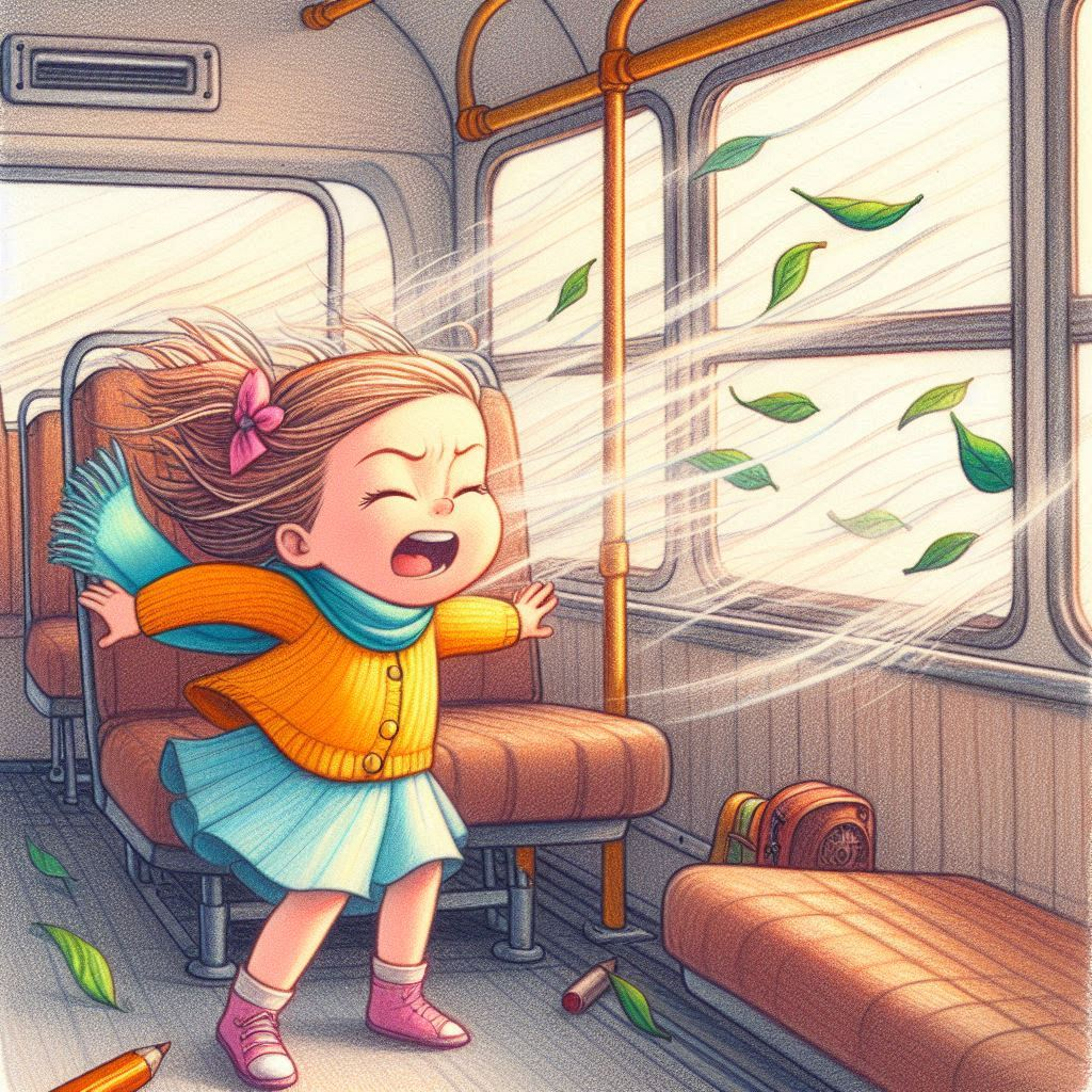 A 5-year-old girl arguing with the wind inside a bus, drawn with colored pencils in a childrens book style.png