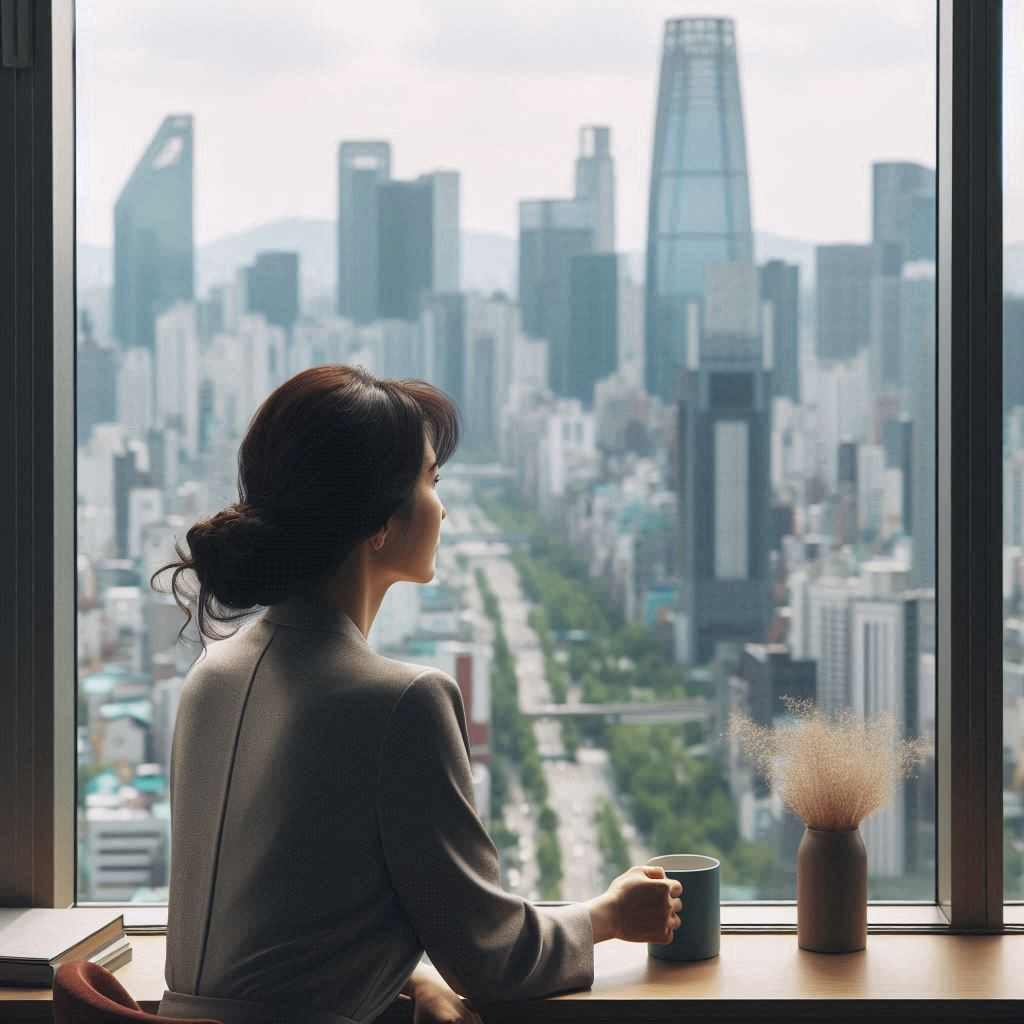 2024년, 서울, 중년 여자, 아파트에서 창밖을 보는 장면.png