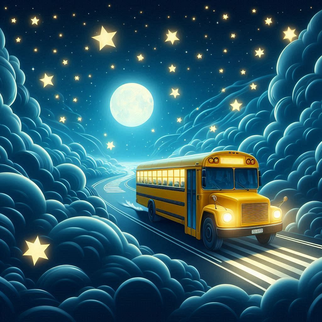 A yellow bus traveling through the night sky with shining stars and clouds.png