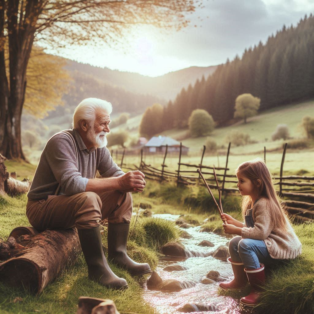 시골 냇가에서 노는 할아버지와 손녀.png