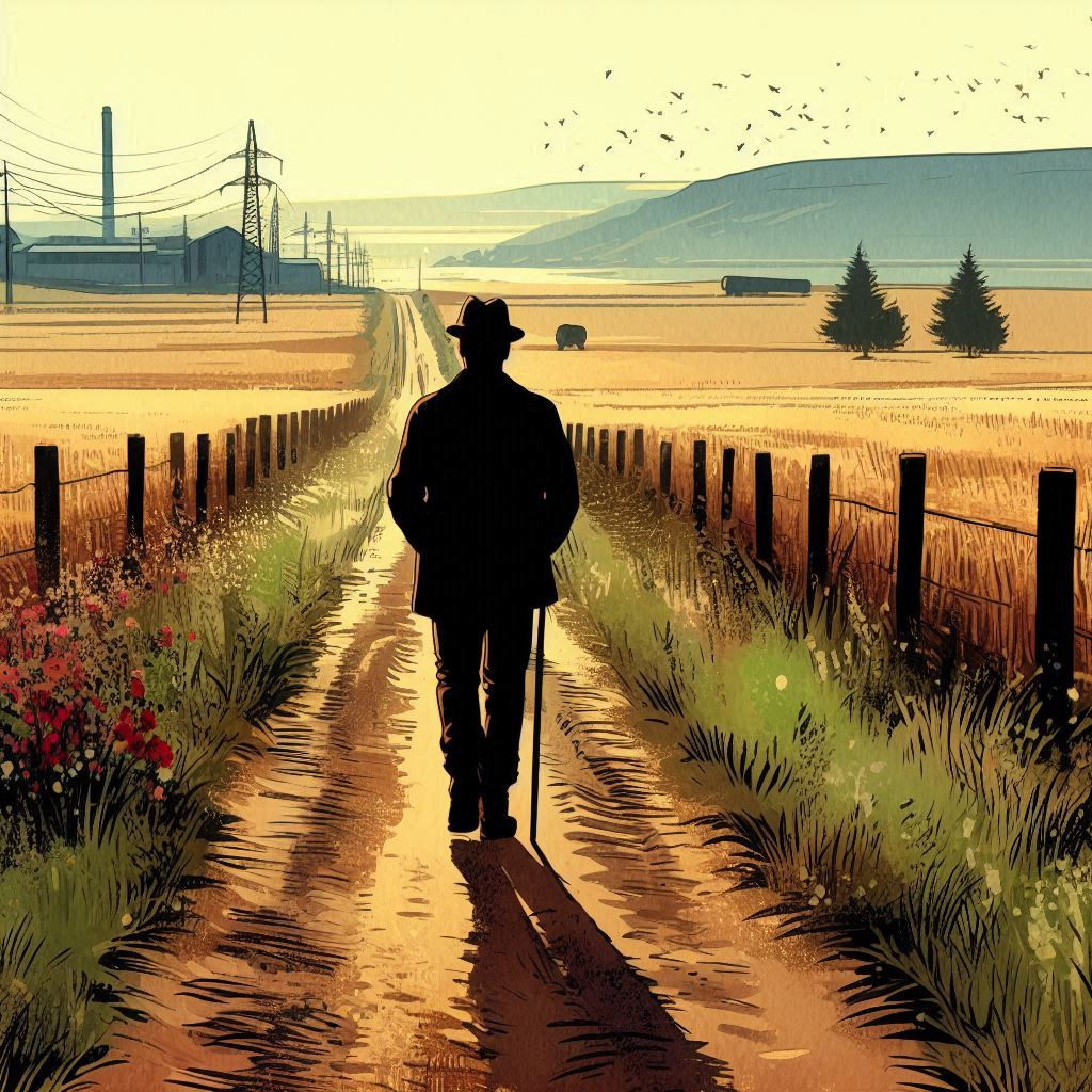 2024년 시골, 좁은 흙기를 걷는 뒷모습의 실루엣 수채화.png