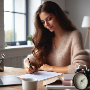 책상에 앉아 편지를 쓰고 있는 여성의 모습.png