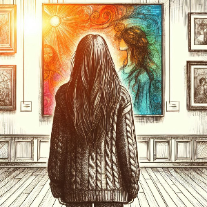 그림을 보고 있는 사람의 뒷모습을 스케치로 그린 이미지.png