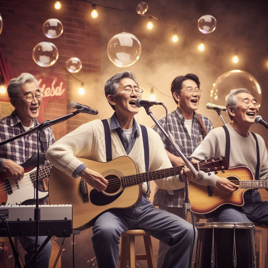 중년 남성들이 기타, 드럼, 건반을 연주하고 노래하는 모습, 대한민국.png