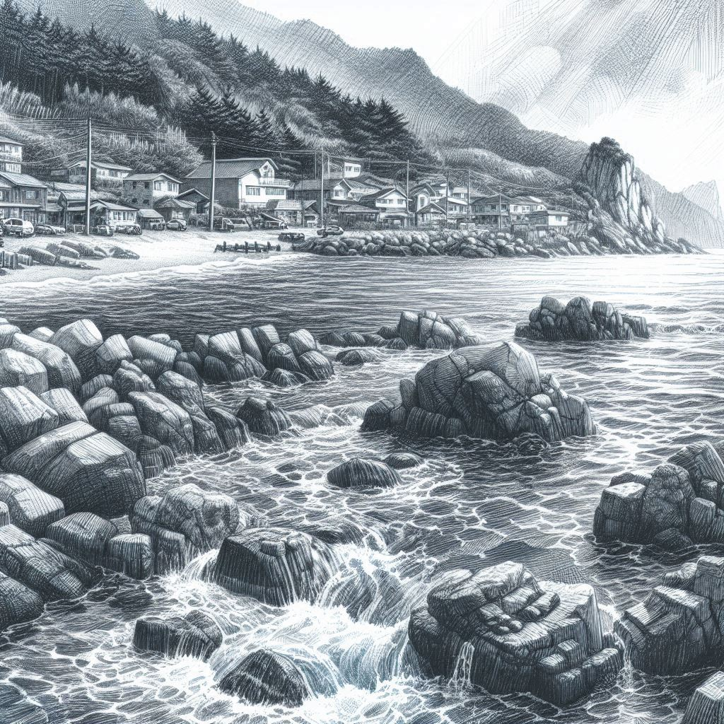 바닷가 바위, 어촌 풍경, 카메라를 연필그림으로 그려줘.png