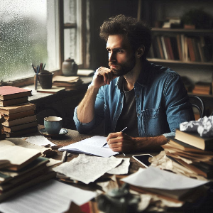 글을 쓰는 작가가 고민하고 있는 장면.png