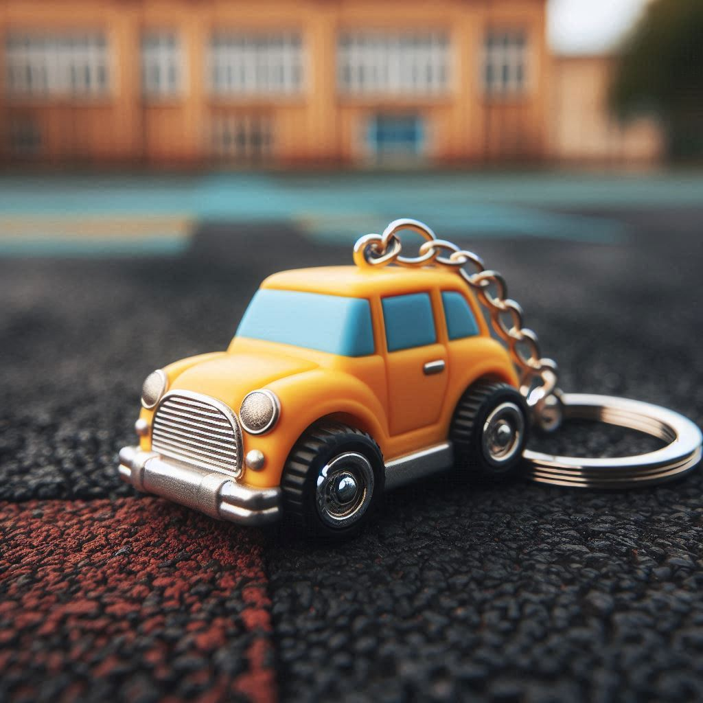A toy car-shaped keyring lying on a school playground.png