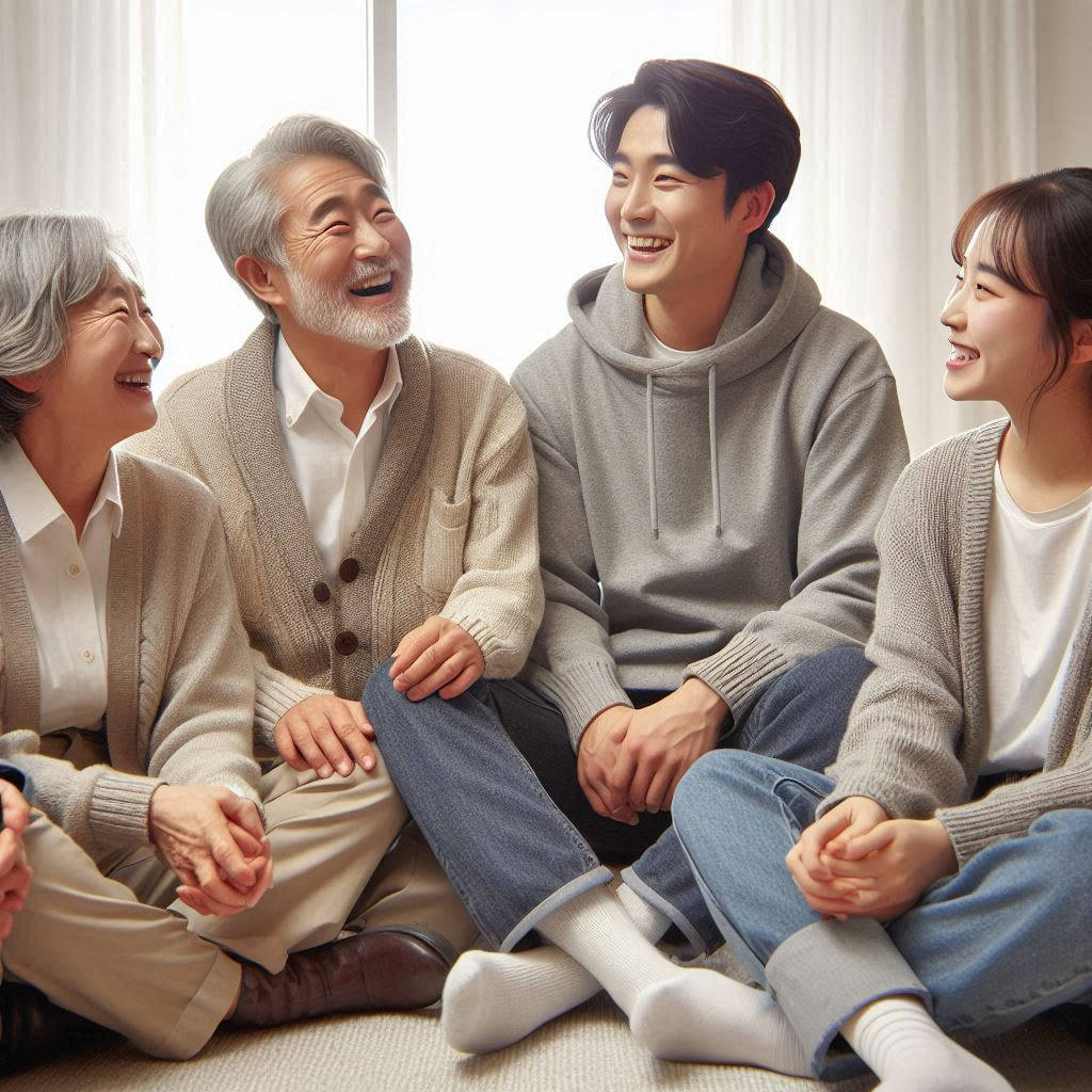 2024년 서울, 할아버지, 할머니, 40대 부부, 10대 남녀가 동그랗게 모여 앉아 웃는 모습.png