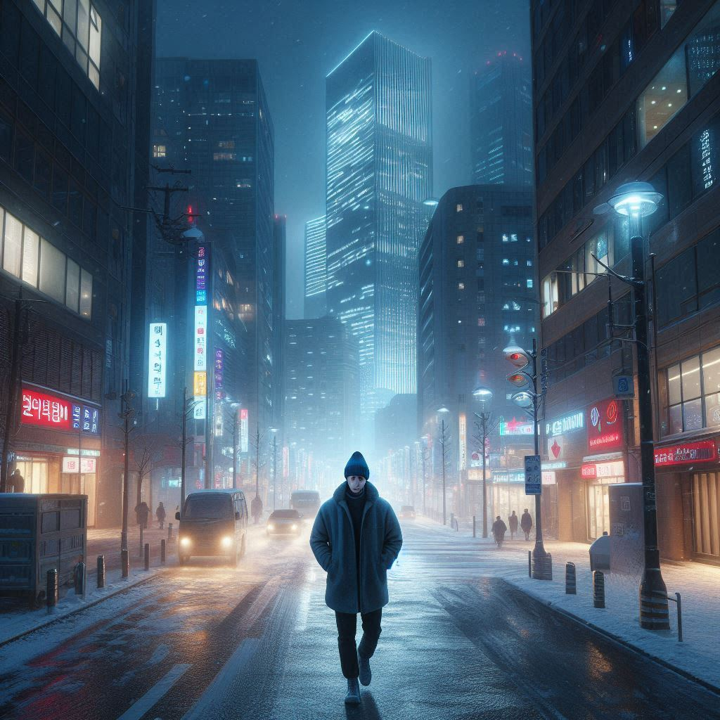 2024년 서울, 겨울, 밤, 혼자 걷고 있는 30대 남자.png