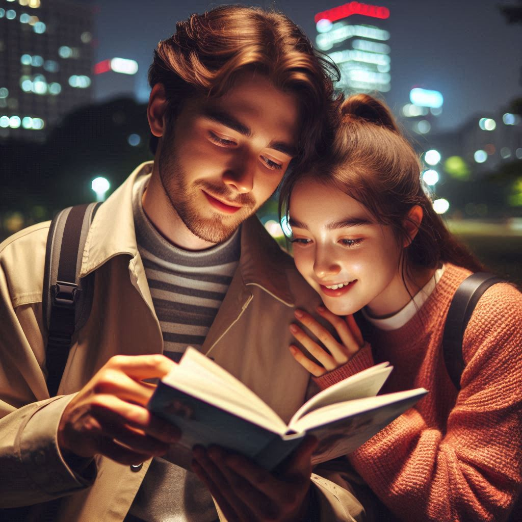2024년 서울 공원 밤, 20대 남녀가 책을 보고 있는 모습.png