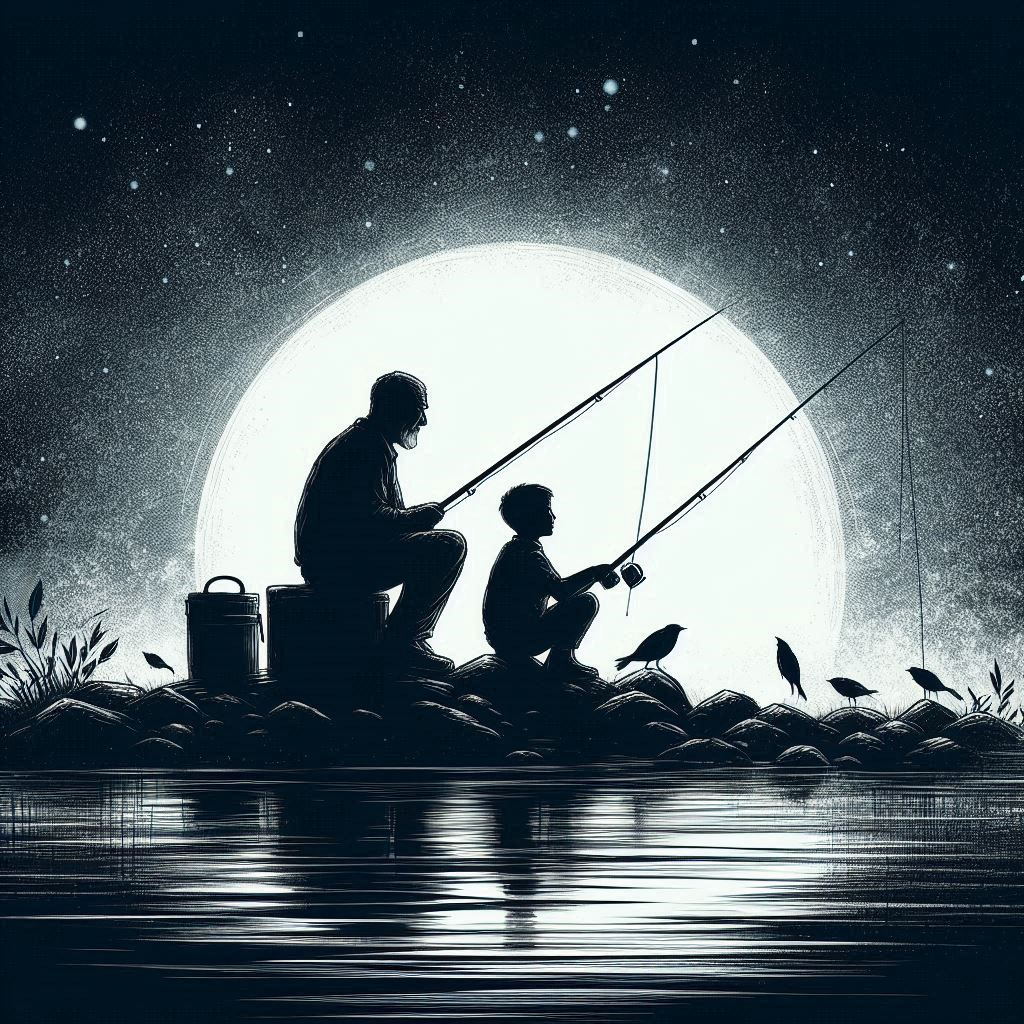 실루엣 스케치, 밤낚시를 하는 80세 노인과 18세 남자아이.png