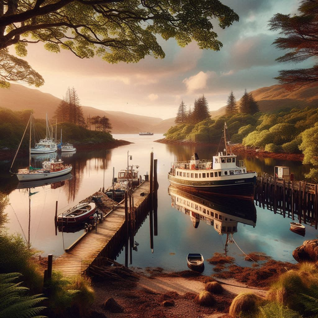 한적한 시골 항구, 정박하고 있는 나룻배.png