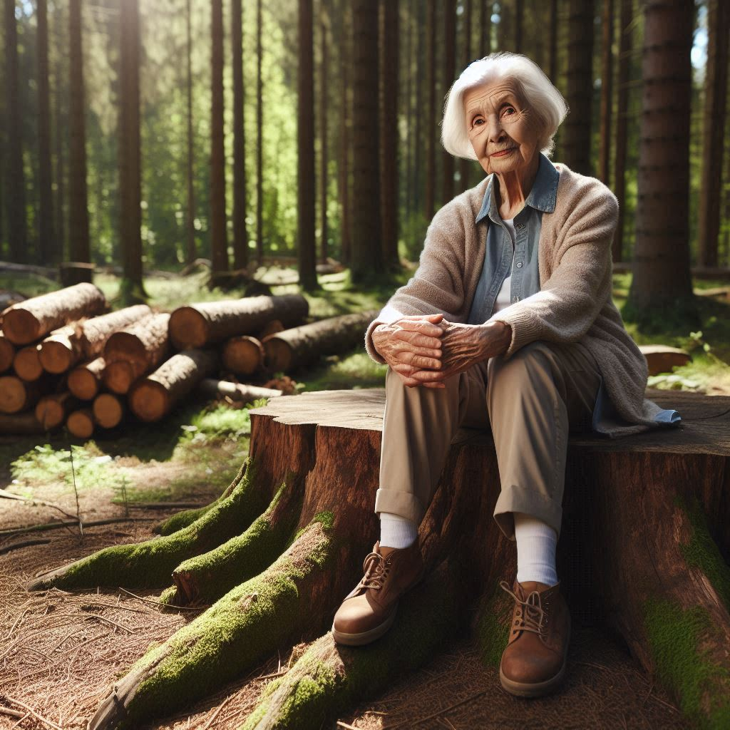 An 80-year-old woman sitting on a large tree stump.png