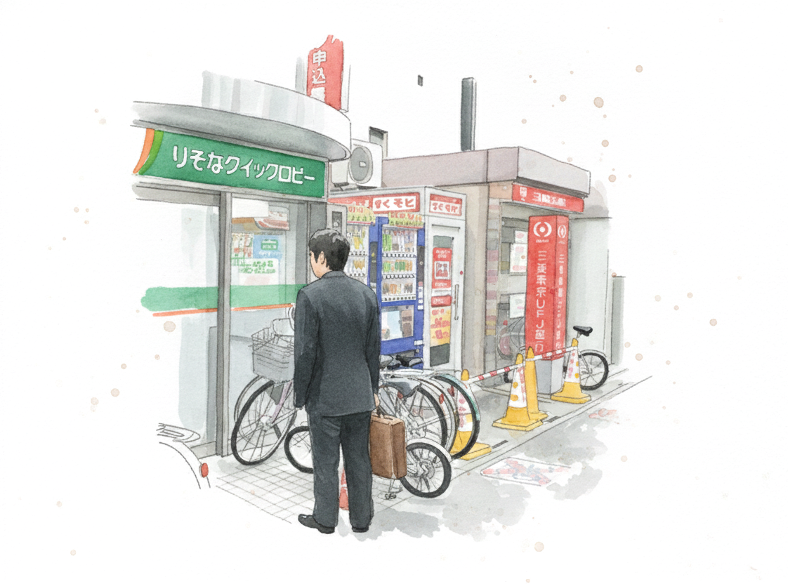 일본의 은행인 **리소나 은행(りそな銀行)의 '퀵 로비(クイックロビー)'**가 있습니다. 이는 ATM과 간단한 은행 업무를 볼 수 있는 무인 지점 형태의 시설.png