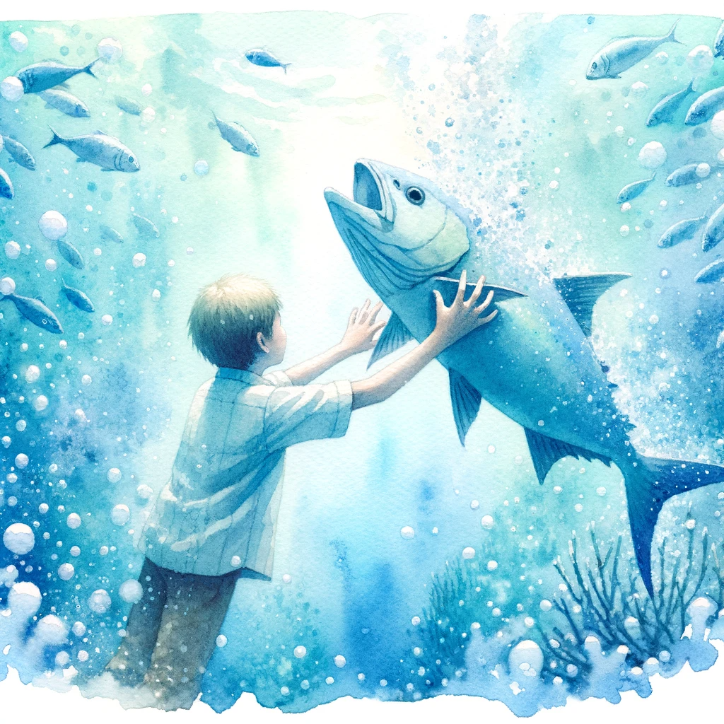 DALL·E 2023-10-22 16.07.10 - watercolor painting_ Underwater scene where only the arms and torso of a boy are visible, as he enthusiastically grabs the triangular tail of a fish. .png