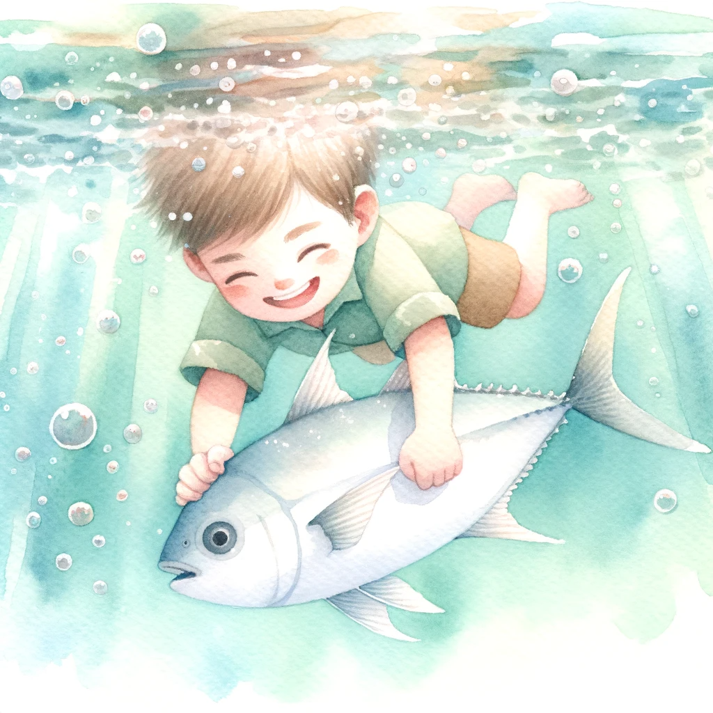 DALL·E 2023-10-22 15.54.29 - watercolor painting_ A joyful boy child swimming underwater, tightly holding onto only the triangular tail of a fish. The rest of the fish is not visi.png