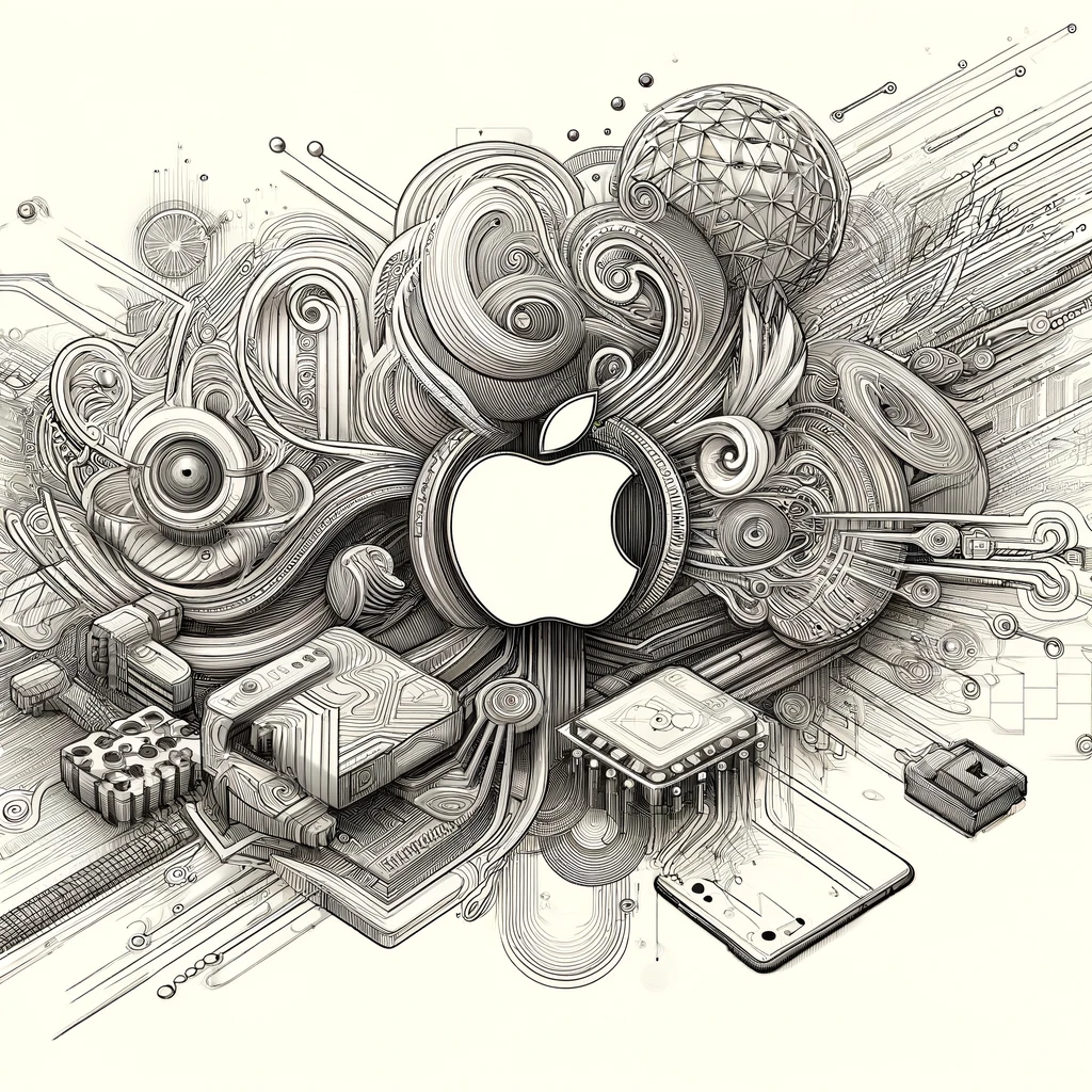 DALL·E 2024-06-11 05.31.08 - A more three-dimensional pen drawing of an abstract illustration representing Apple's artificial intelligence services. The illustration should featur.png