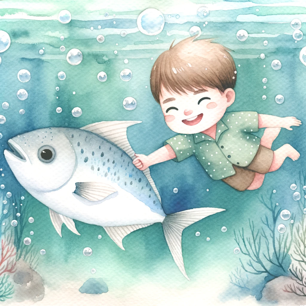 DALL·E 2023-10-22 15.58.53 - watercolor painting_ A happy boy child swimming underwater, holding onto only the triangular tail of a fish, ensuring the fish's head and body are com.png
