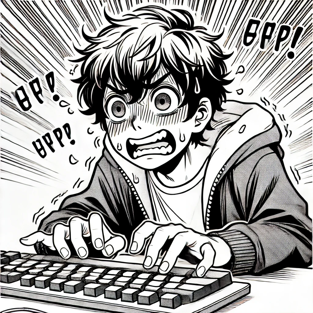 DALL·E 2024-07-09 20.56.39 - A comic-style drawing of an adorable young man frantically typing on a keyboard. Make it very humorous and extremely cute, in a monochrome palette. Th.png