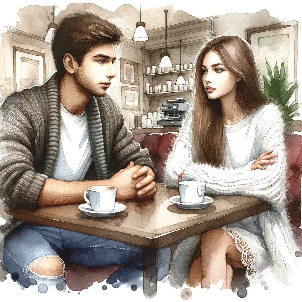 DALL·E 2024-04-28 14.59.11 - A watercolor painting of a young man and a young woman in their early twenties sitting in a cafe, having a serious conversation. The man is not smilin.png