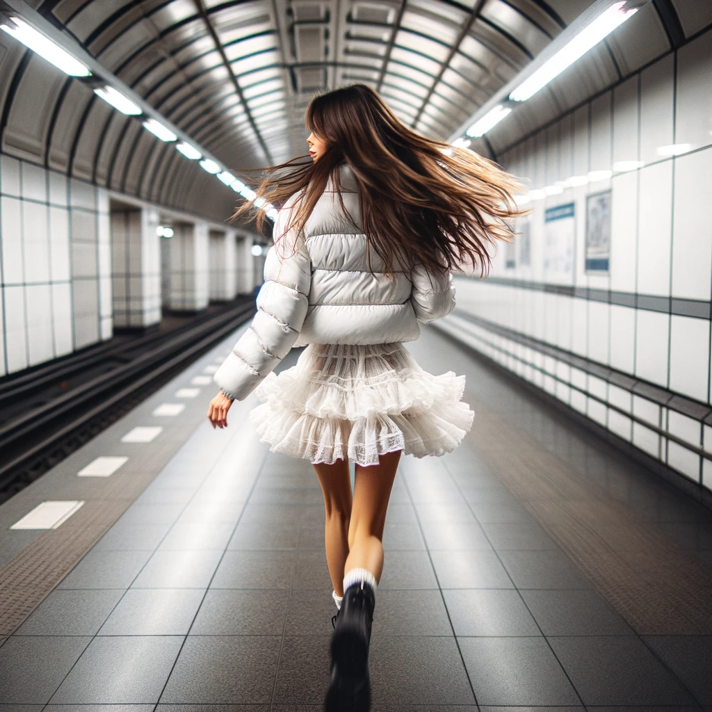 DALL·E 2024-01-21 13.31.10 - A woman with long hair, wearing a short white padded jacket and a frilly skirt, walks briskly through an underground pedestrian passage. The setting i.png