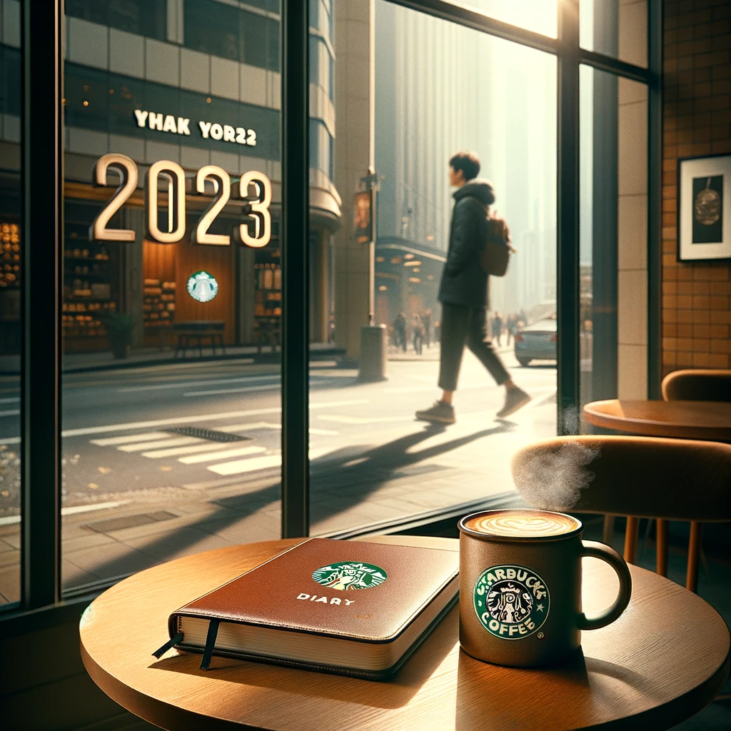 DALL·E 2023-12-25 21.28.31 - A scene where a large window beside a table reveals a person walking by outside. The table has the 2023 Starbucks diary and a cup of coffee on it. The.png