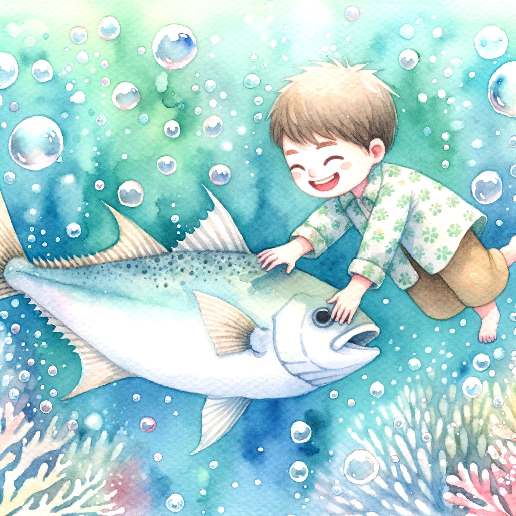 DALL·E 2023-10-22 15.56.09 - watercolor painting_ A joyful boy child underwater, gripping only the distinct triangular tail of a fish. Ensure the fish's head and body are complete.png