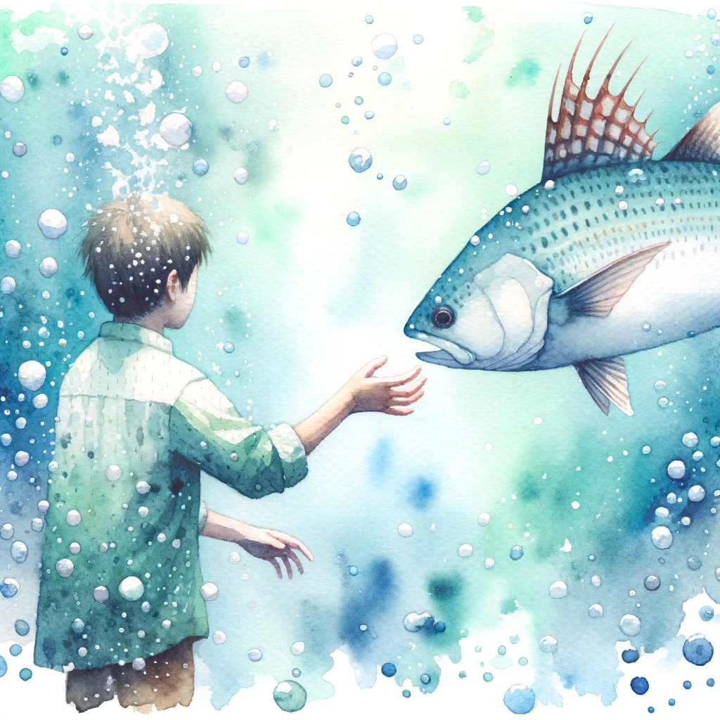 DALL·E 2023-10-22 16.03.18 - watercolor painting_ Underwater scene where only the arms and torso of a boy are visible, as he reaches out to hold the distinctly triangular tail of .png